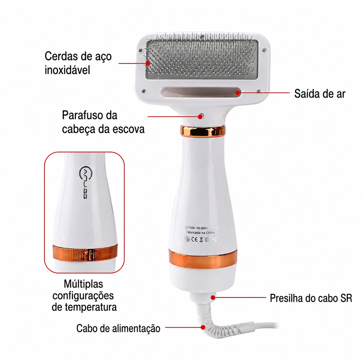 Escova Secadora Elétrica para Secar, Pentear e Remover Pelos de Gato e Cachorro 110V