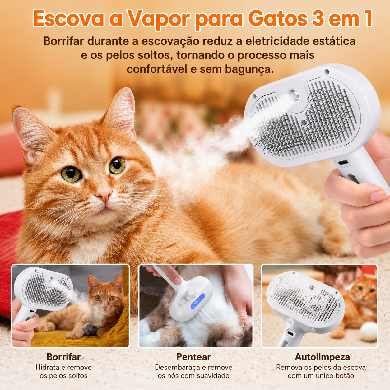Escova a Vapor Spray Hair Para Cães e Gatos