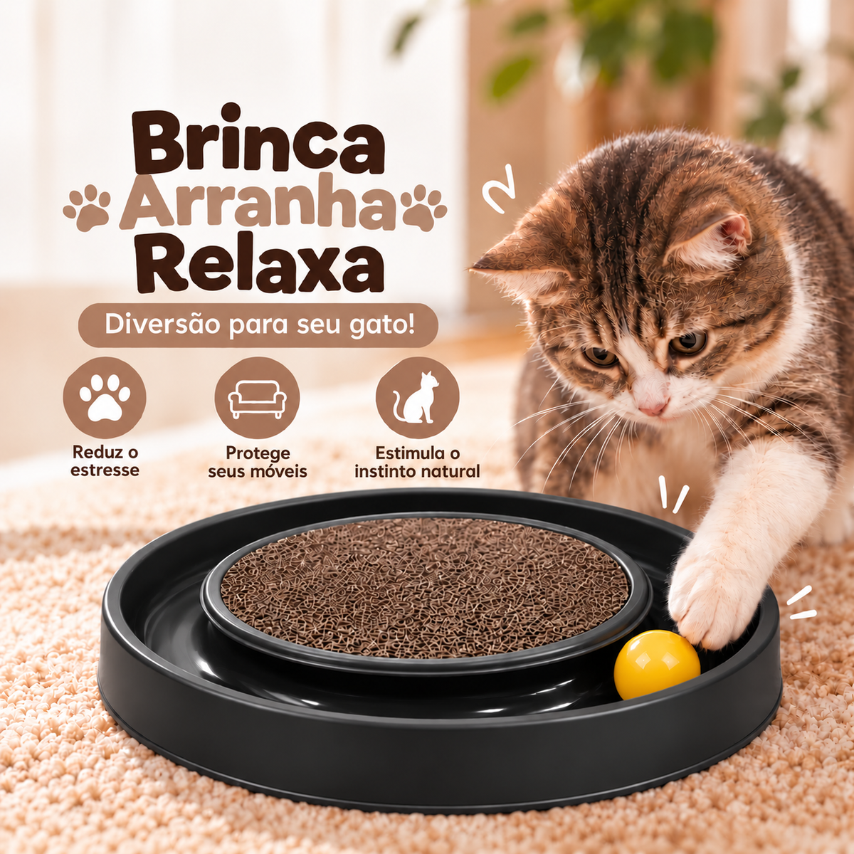 Brinquedo Arranhador Redondo Para Gato Com Bolinha