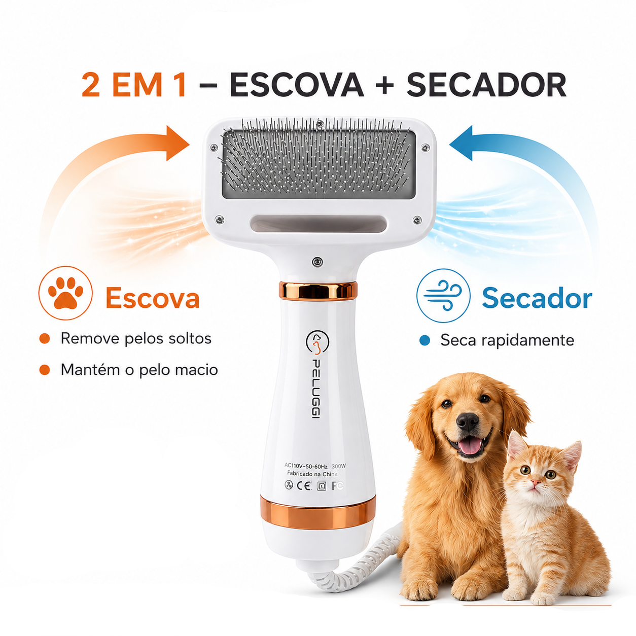 Escova Secadora Elétrica para Secar, Pentear e Remover Pelos de Gato e Cachorro 110V