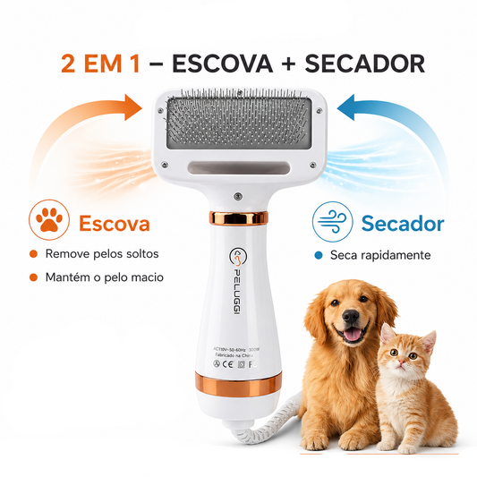 Escova Secadora Elétrica para Secar, Pentear e Remover Pelos de Gato e Cachorro 110V